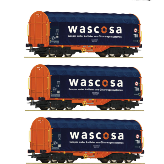 Roco 76009, Zestaw 3 wagonów plandekowych typu Shimmns, Wascosa, epoka VI,  H0